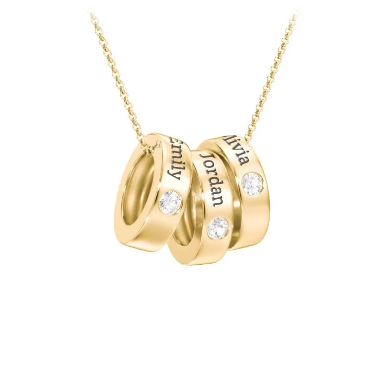 14K Yellow Gold Engravable Gemstone Stacking Ring Charm Necklace - 3 with Cubic Zirconia Stones | Jewlr