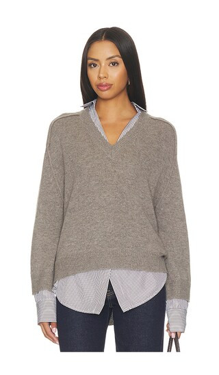 V-neck Printed Layered Pullover Sweater in Otter Melange With Flint | Revolve Clothing (Global)