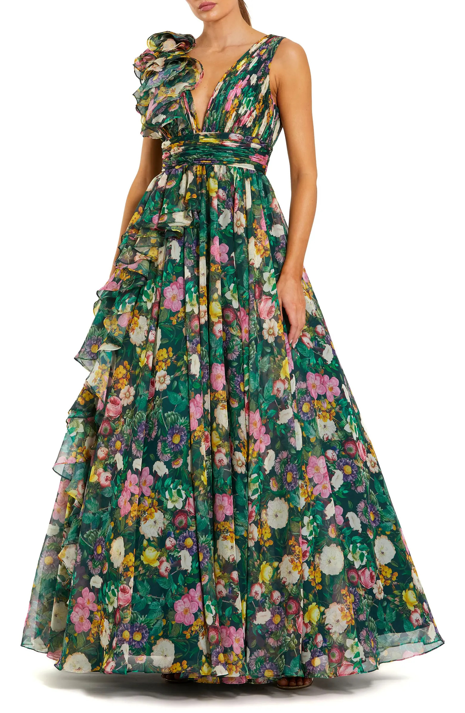 Floral Print Ballgown with Ruffle Shoulder and Plunging V-Neck | Nordstrom