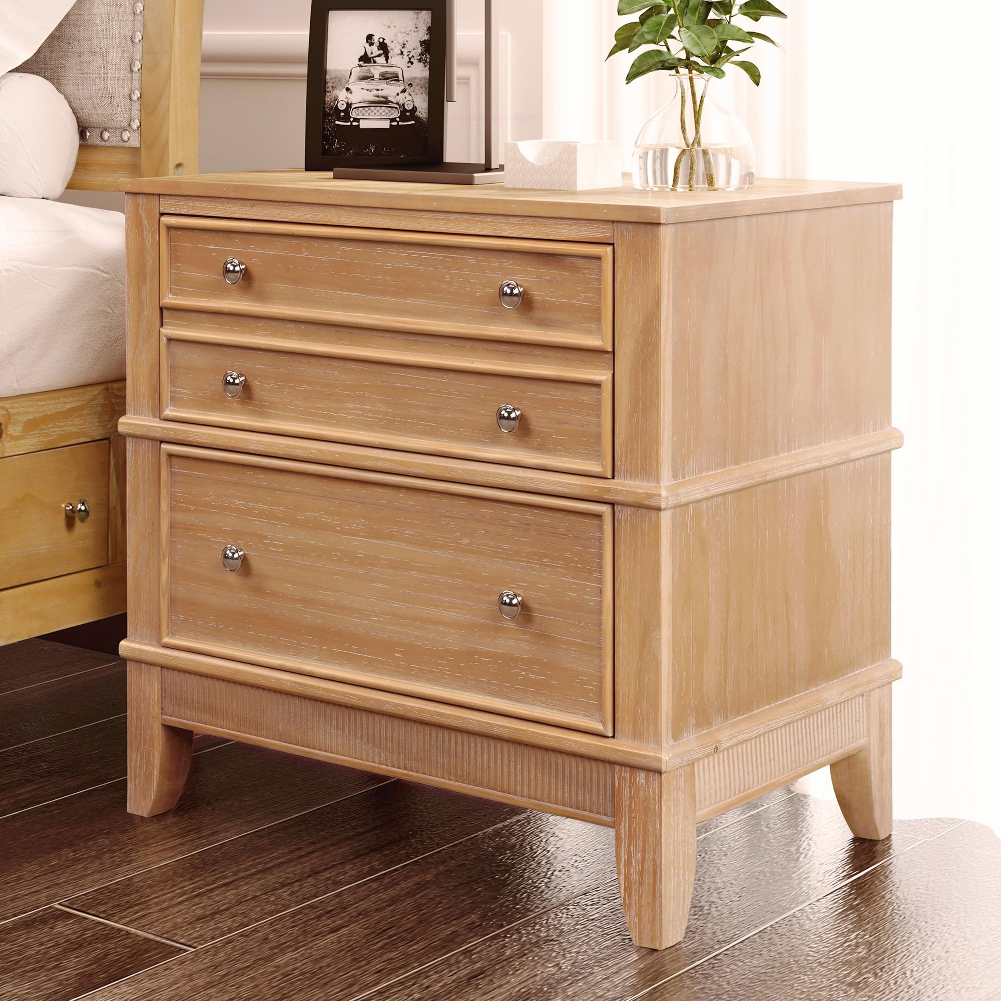 Knocbel Rustic 3-Drawer Nightstand, Solid Wood Sofa Side End Table Bedside Night Stand with Silve... | Amazon (US)