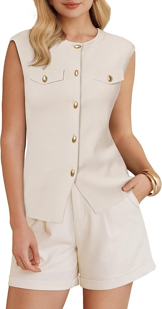 Arach&Cloz Women's Button Down Slit Hem Business Casual Sleeveless Blazers Vest Tops 2026 | Amazon (US)