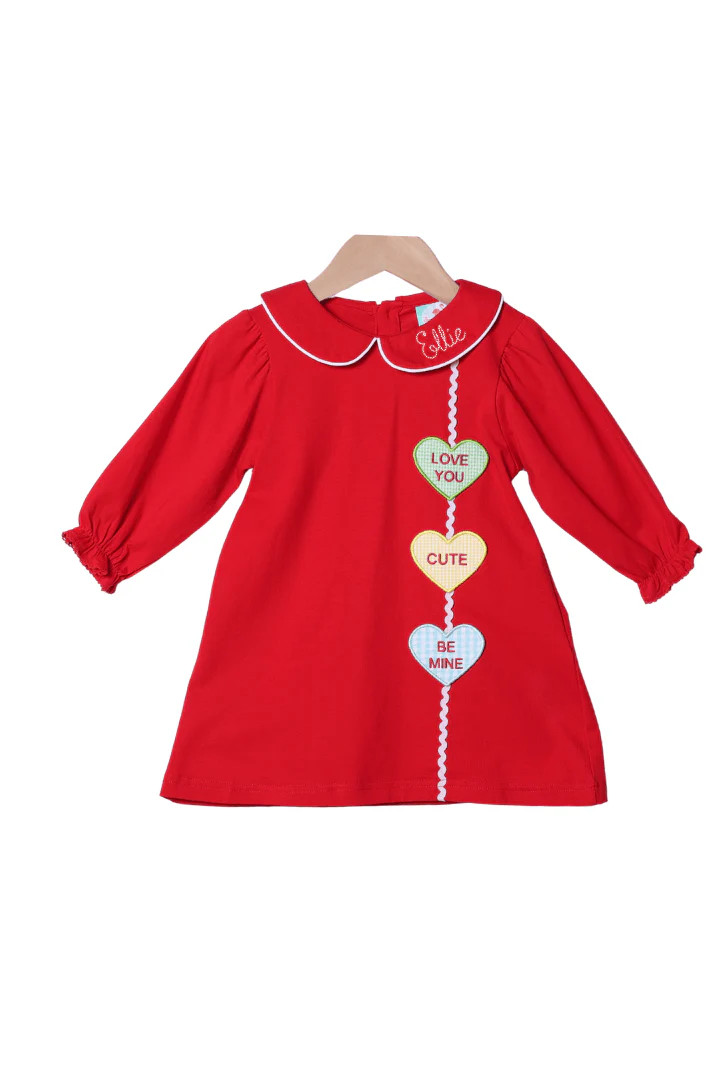 Applique Conversation Heart Red Knit Dress | The Smocked Flamingo