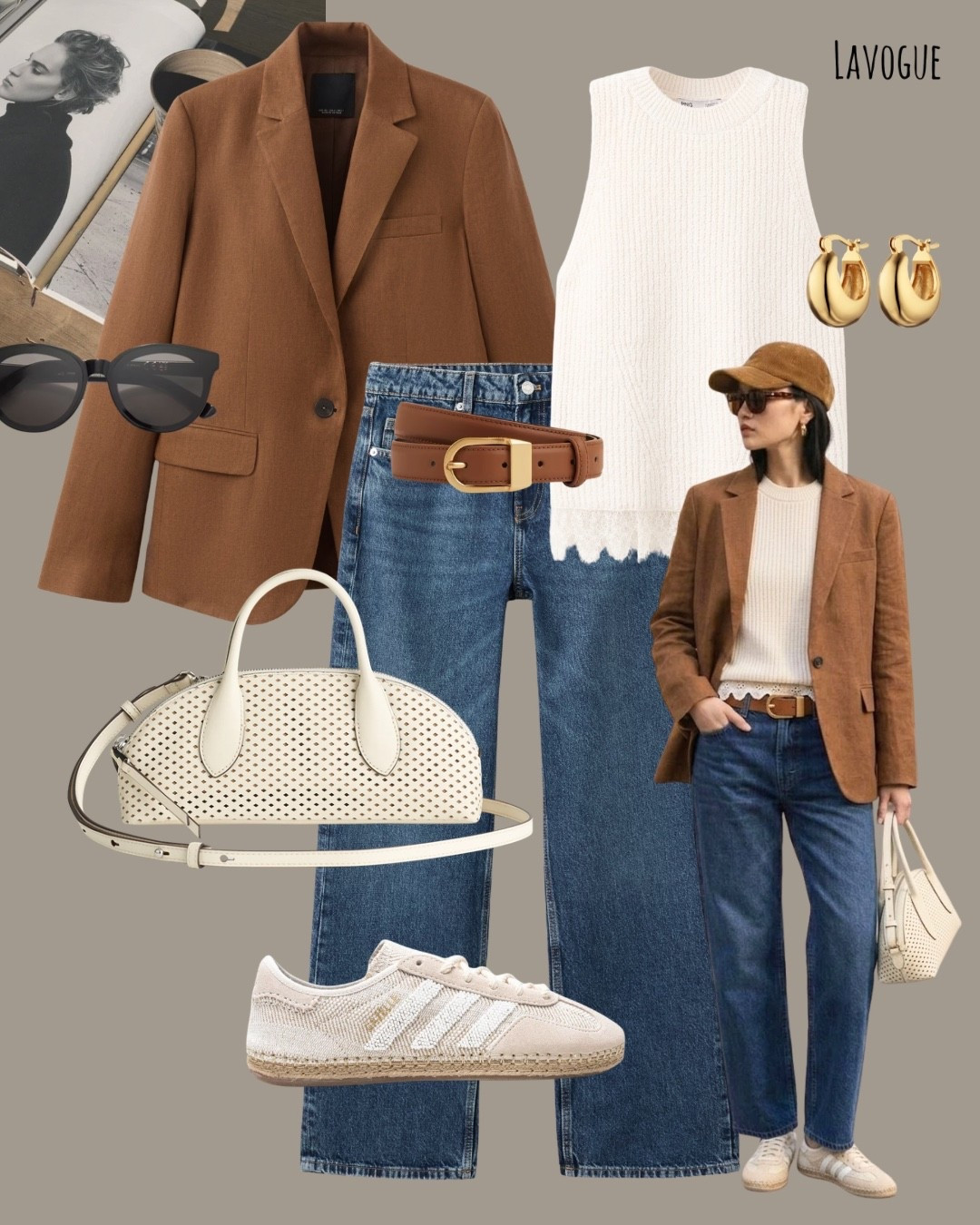 A brown linen blazer layered over a lace-trim sleeveless knit adds soft texture, paired with classic blue jeans for a timeless feel. Adidas sneakers keep it laid-back, while a cream bag brightens the look for an effortless finish ✨ Spring ready!! 

Shop Below 👇🏼 

#LTKWorkwear #LTKSeasonal #LTKootd