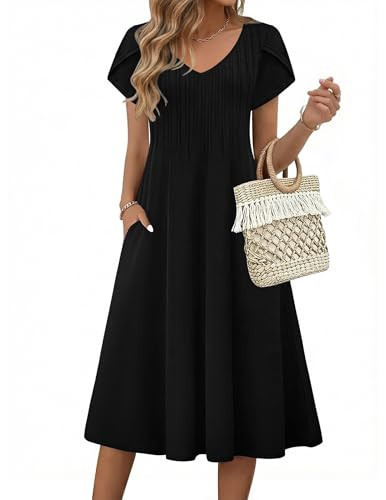 Zeagoo Black Ladies Dress Womens Modest Dresses Boho Midi Dresses for Women Aline Dress 2026 Short Sleeve Summer Dress Pleated Boho Sundress Black L | Amazon (US)