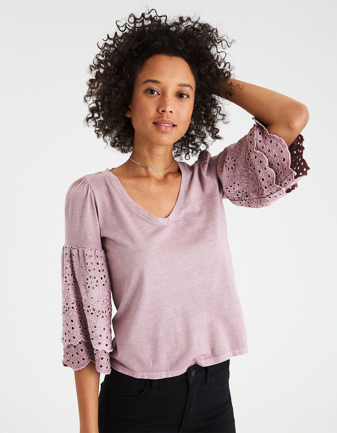 AE EYELET SLEEVE T-SHIRT, Mauve | American Eagle Outfitters (US & CA)