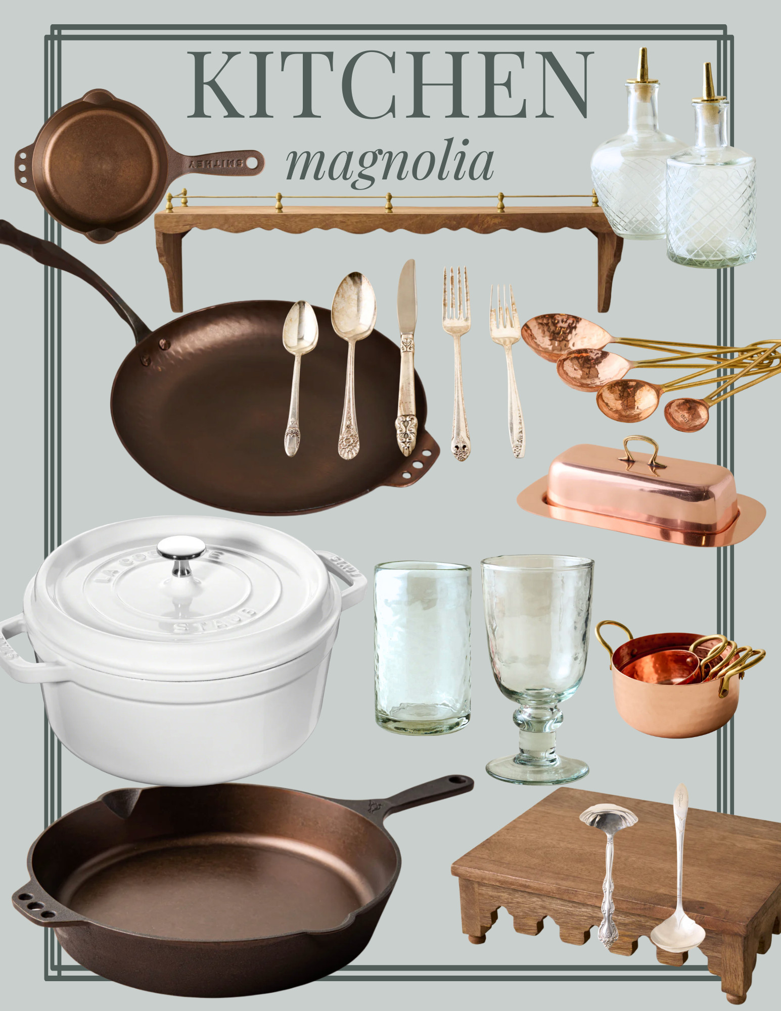 Favorite Magnolia Finds for the Kitchen: I have all three of these smithy pans and the Staub dutch oven, and measuring cups. I use mix and match silverplate utensils (and put them in the dishwasher). this is a great source! 

 

#LTKfoodie #LTKHome