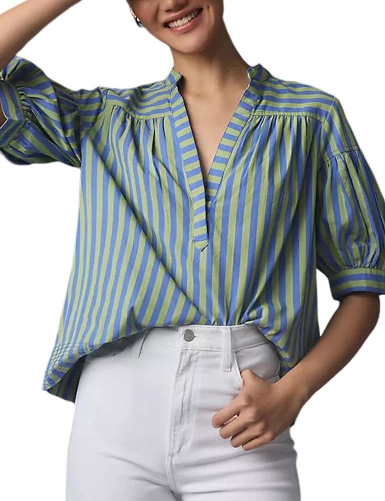Womens Summer Pleated V Neck T Shirts Short Sleeve Casual Loose Blouses Striped Tunics Swing Top | Amazon (US)
