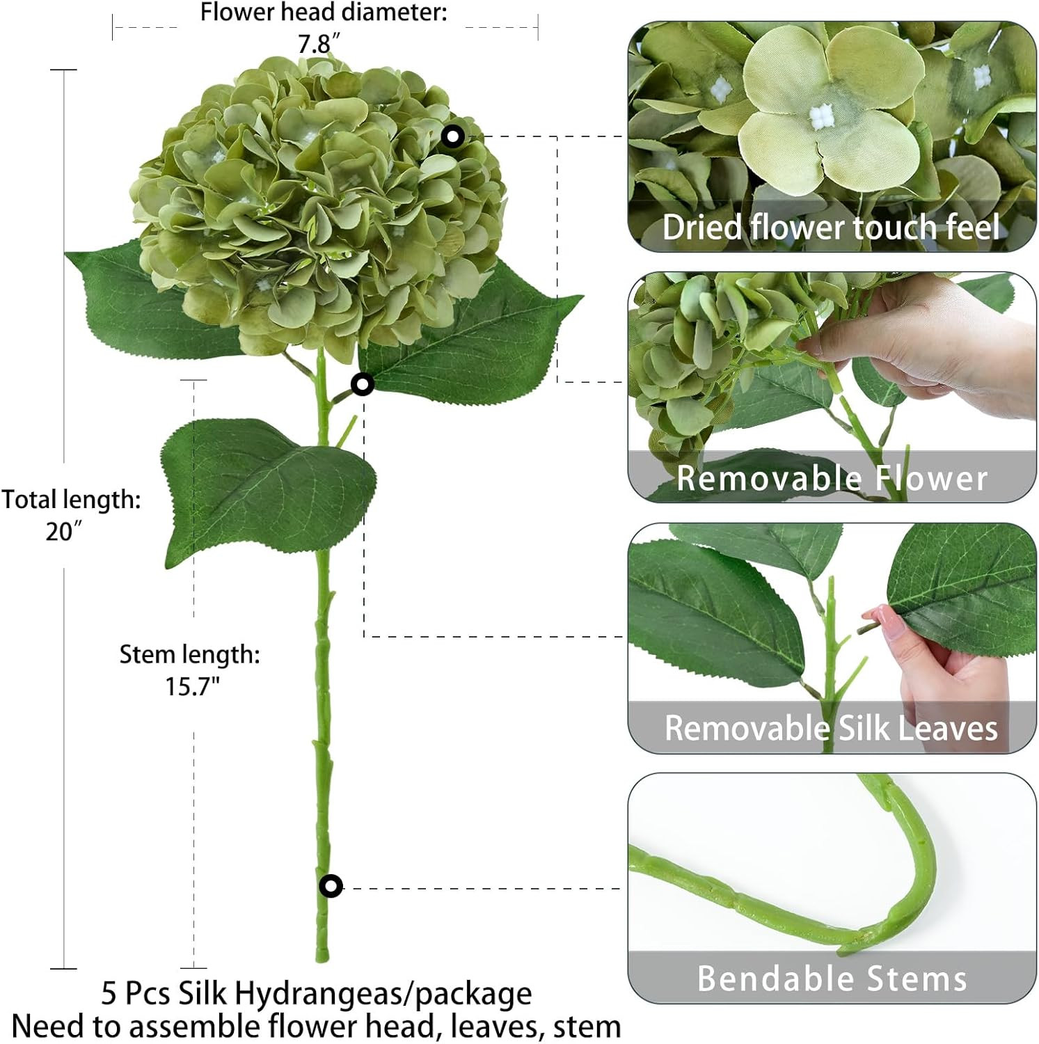 5 Pcs Silk Green Hydrangeas Aritificial Flower Boho Dried Touch Hydrangeas 20'' Faux Hydrangeas f... | Amazon (US)