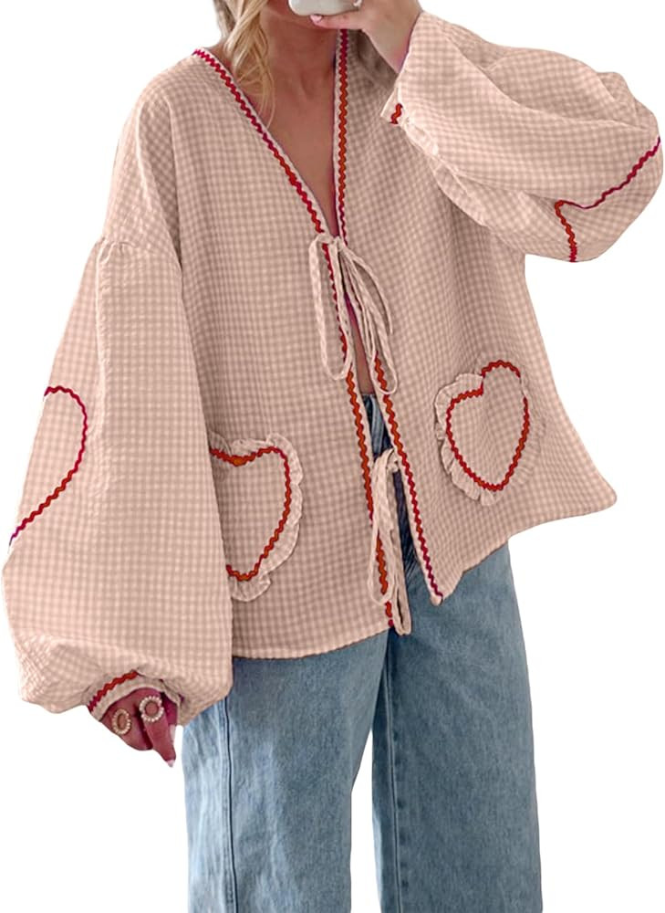 Giraropa Women Plaid Tie Front Top Cute Trim Patchwork Shirt Summer Y2k Puff Long Sleeve V Neck L... | Amazon (US)