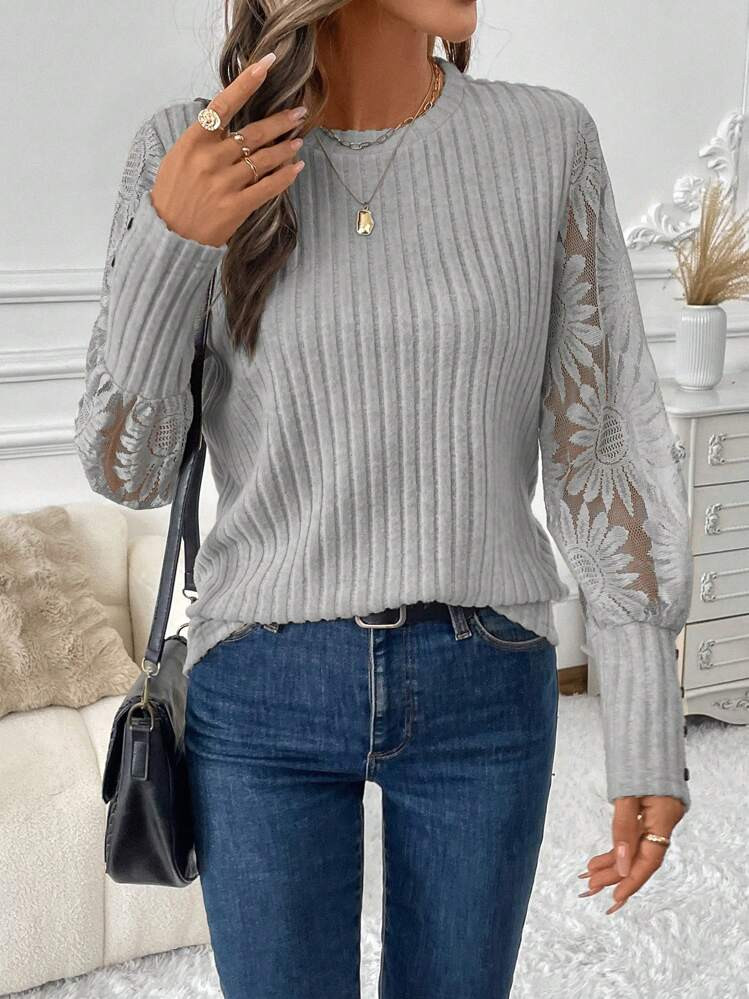 SHEIN LUNE Lace Panel Apricot Casual Blouse For Women, Autumn | SHEIN