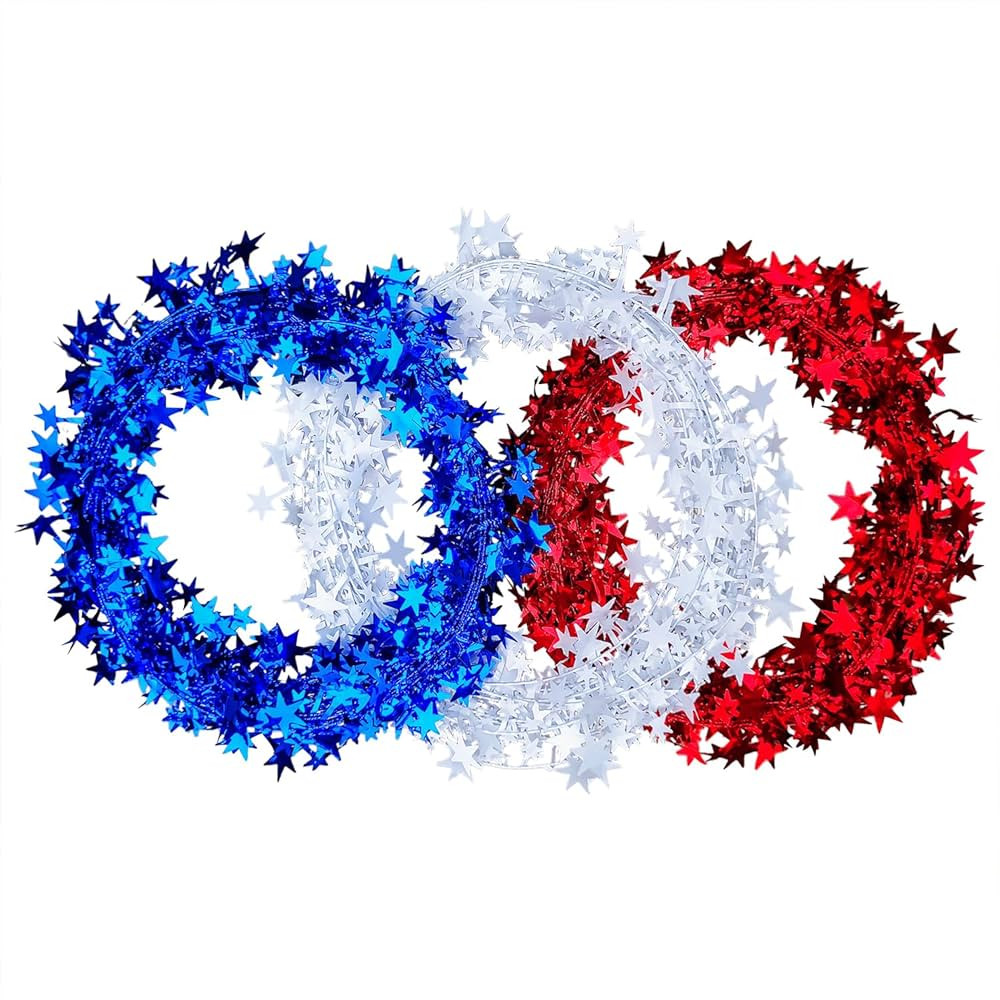 3 Rolls Tinsel Stars Wire Garlands, 26 Feet Red White Blue Star Tinsel Garlands for Wreath Making... | Amazon (US)