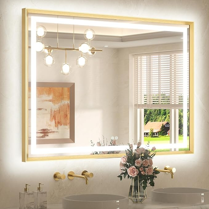 TETOTE 48 x 36 Bathroom LED Mirror Brushed Gold Metal Frame Frontlit & Backlit Vanity Mirror Step... | Amazon (US)