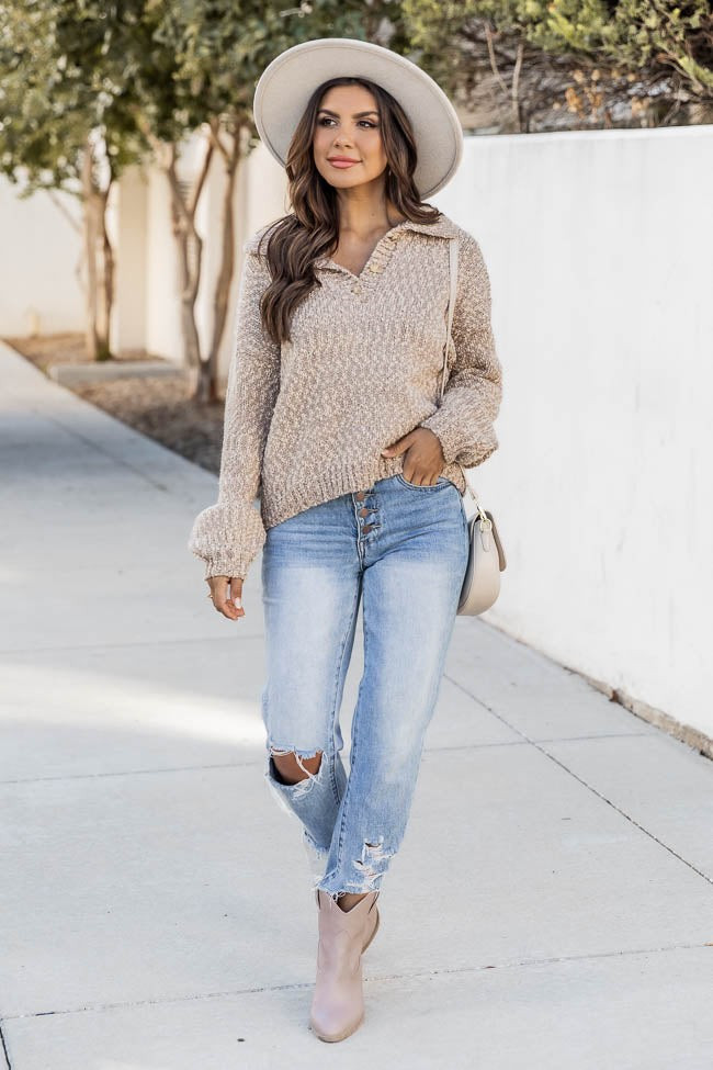 Note To Self Brown Fuzzy Collared Henley Sweater  FINAL SALE | Pink Lily