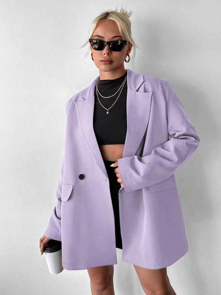 Ritzy Row Women's Casual Oversized Padded Shoulder Mid-Length Double-Breasted Blazer | SHEIN