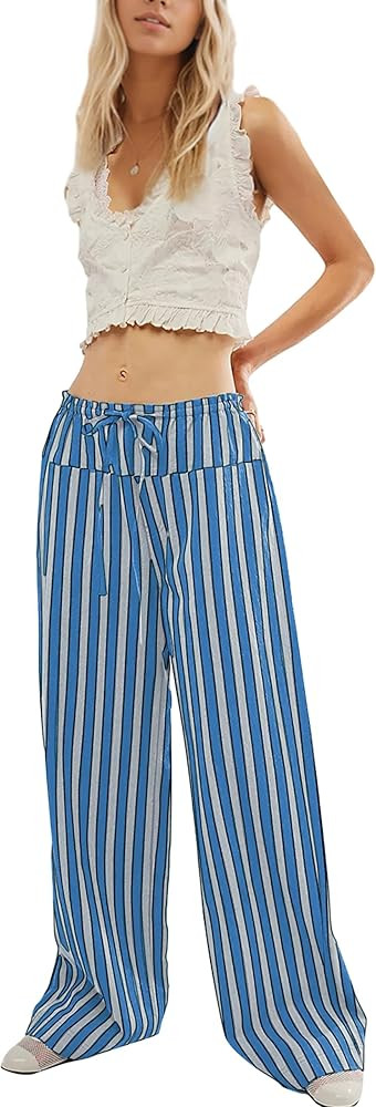 MISSACTIVER Women Drawstring Striped Pants Loose Wide Leg Trousers Comfy Low Waist Pants Casual L... | Amazon (US)