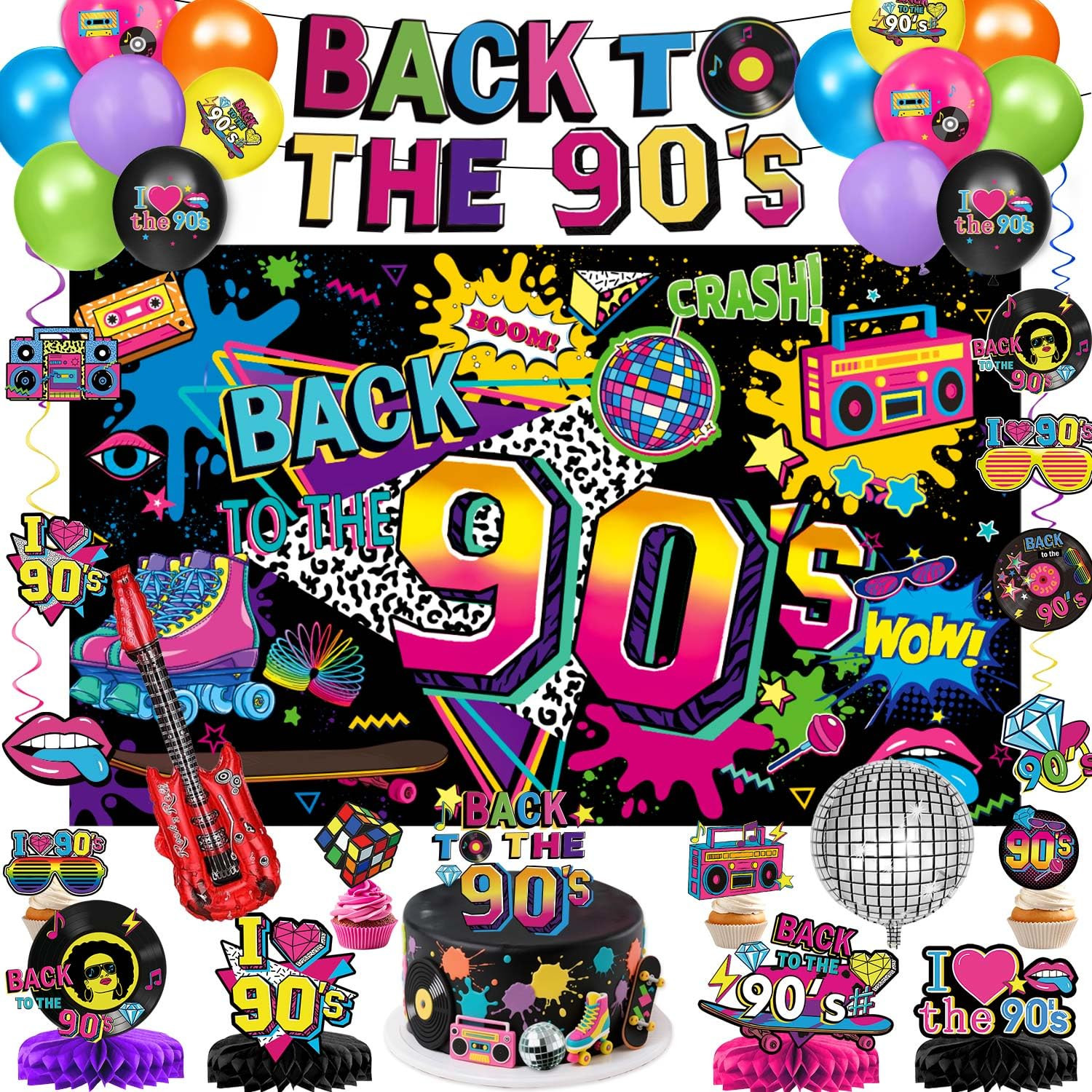 90s Party Decorations Includes 90's Backdrop, Foil & Latex Balloons, Cake & Cupcake Toppers, Hone... | Amazon (US)