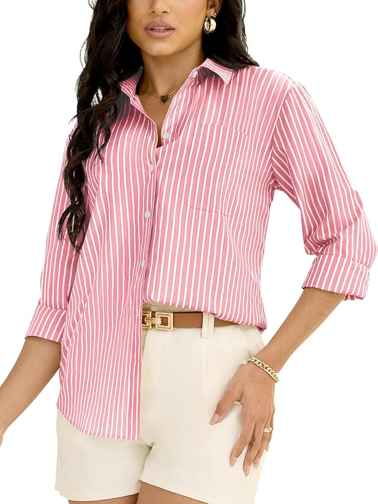 Grade 3.5 Wrinkle-Resistant Womens Vertical Striped Button Down Shirts Long Sleeve Dress Shirt Of... | Amazon (US)