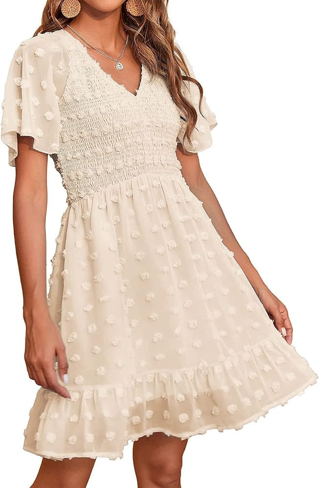 BTFBM Womens Beach Vacation Dress Summer 2026 V Neck Short Sleeve Smocked Swiss Dot Ruffle Casual... | Amazon (US)