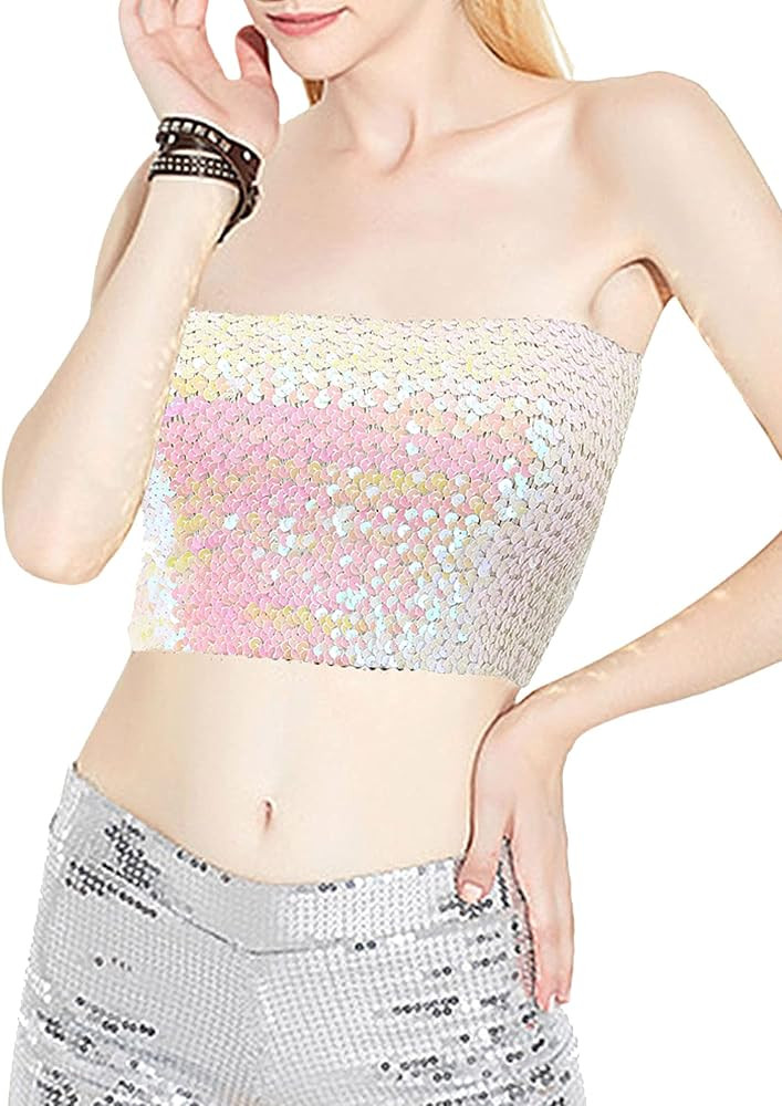 Novia's Choice Women's Shiny Sequin Tube Top Strapless Stretchy Crop Tops Clubwear for Raves Part... | Amazon (US)