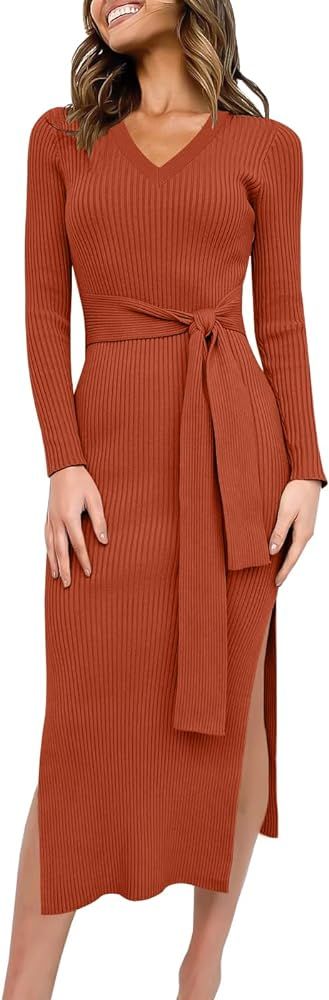 Caracilia Women's Long Sleeve Sweater Dress V Neck Elegant Slim Fit Tie Waist Slit Slim Bleted Bo... | Amazon (US)