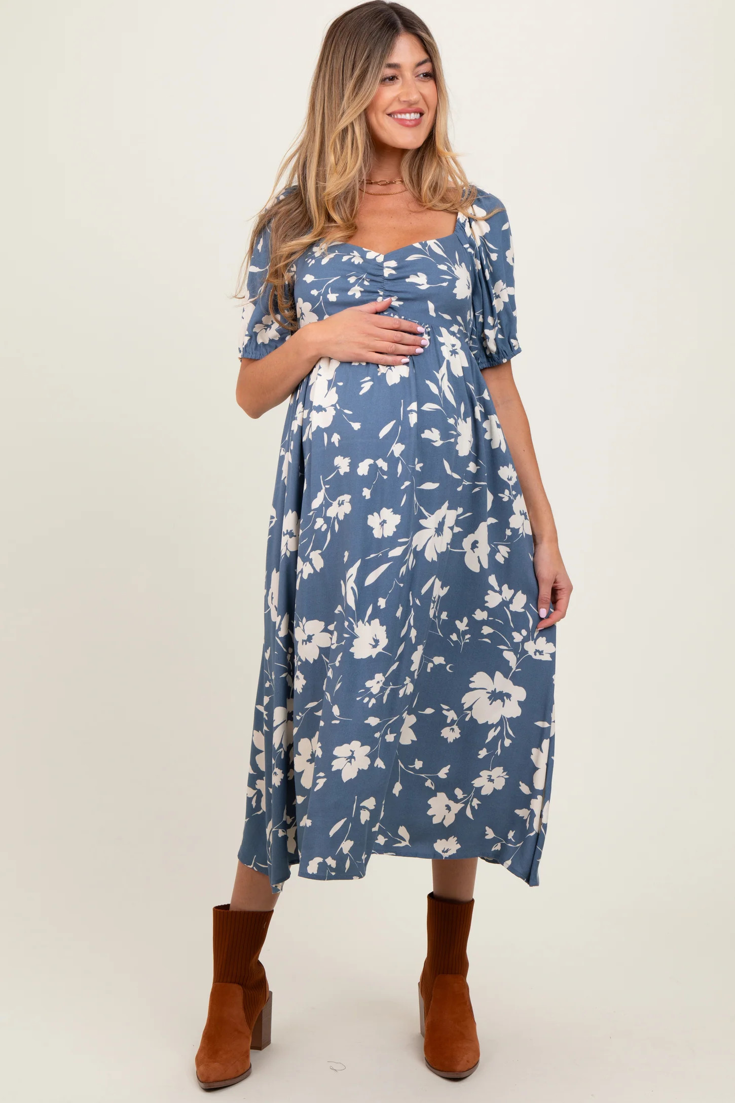 Light Navy Floral Sweetheart Neckline Maternity Midi Dress | PinkBlush Maternity