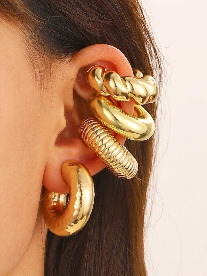 4pcs Exaggerated Personality Spiral Line Hollow Out C Design Circle Column Large Gold-Tone Clip-O... | SHEIN