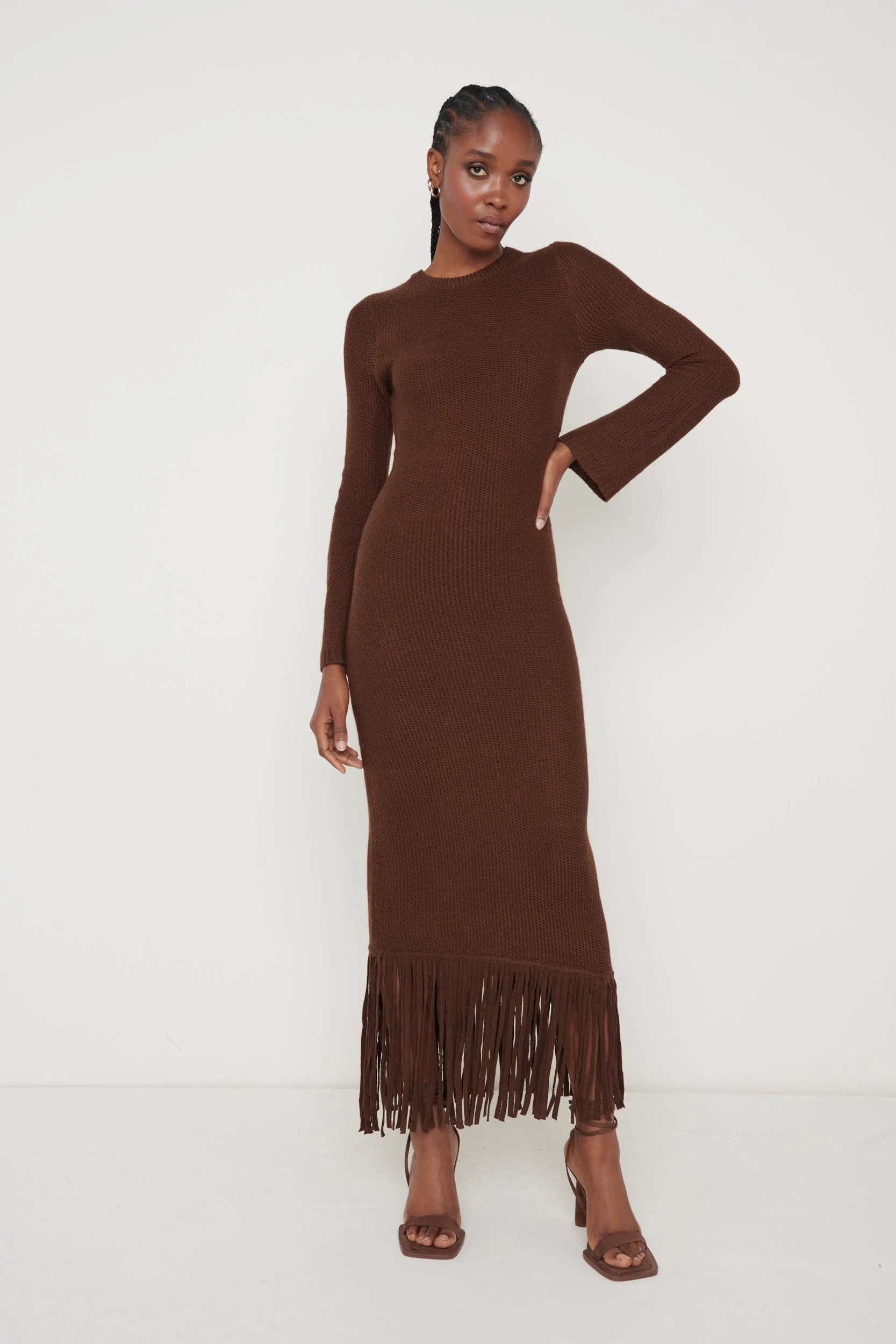 Francoise Fringed Knit Maxi Dress - Brown | Pretty Lavish (UK)