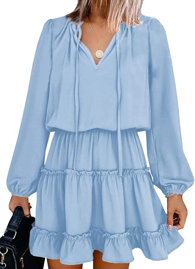 Dokotoo Women Dresses Cute Spring Boho Spring Casual Sexy Deep V Neck Ruffle Chiffon Lantern Long... | Amazon (US)