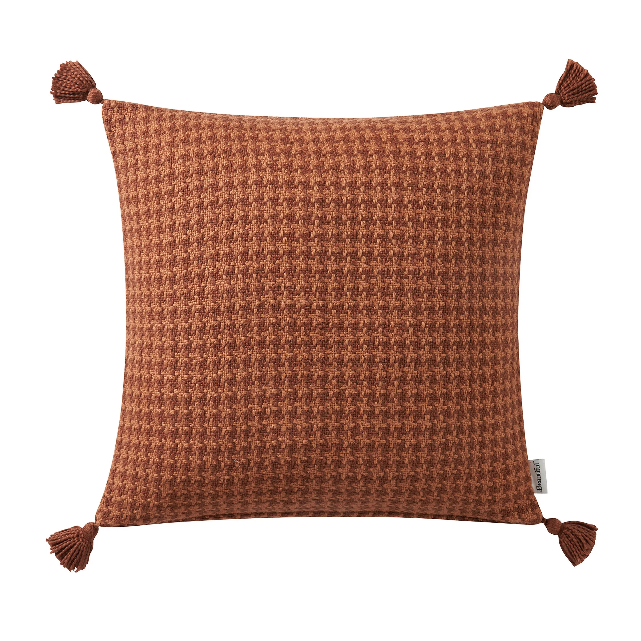 Beautiful Drew Barrymore Houndstooth Cotton Decorative Pillow with Tassels, 22" x 22", Xido | Walmart (US)