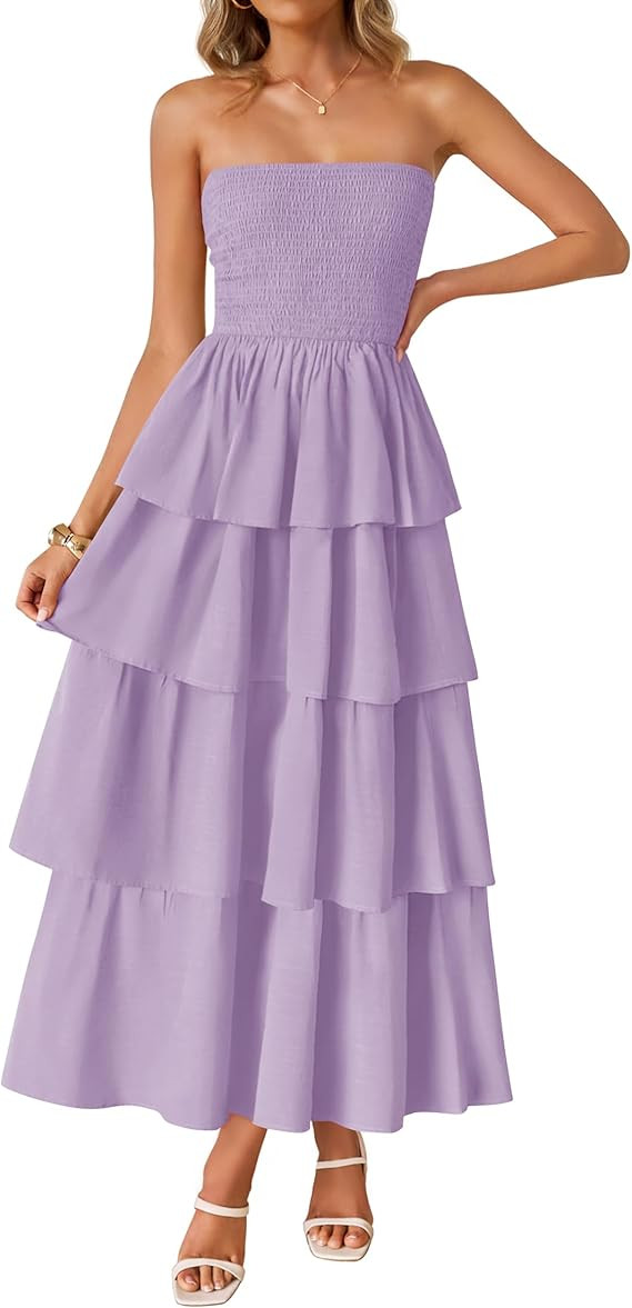 ZESICA Women‘s Summer Boho Strapless Maxi Dress 2025 Casual Sleeveless Off Shoulder Smocked Tie... | Amazon (US)