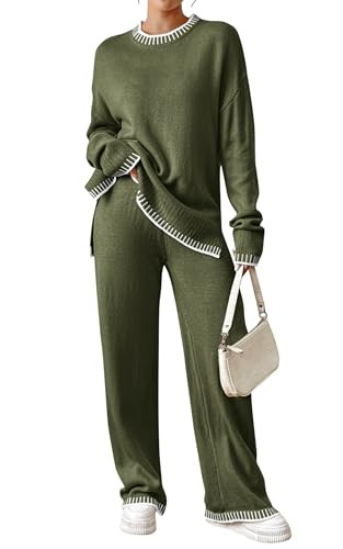 Angashion Womens 2 Piece Outfits - Sweater Sets Long Sleeve Knit Tops Wide Leg Pants Lounge Tracksuits Olive Green Small | Amazon (US)