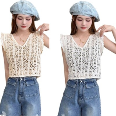 Women Hollowed Out Knitted Shirt Ruffle Sleeve Crochet Flower Crop Top Outwear  | eBay | eBay UK