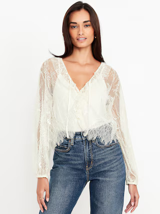 Long-Sleeve Lace V-Neck Lined Top | Old Navy (US)