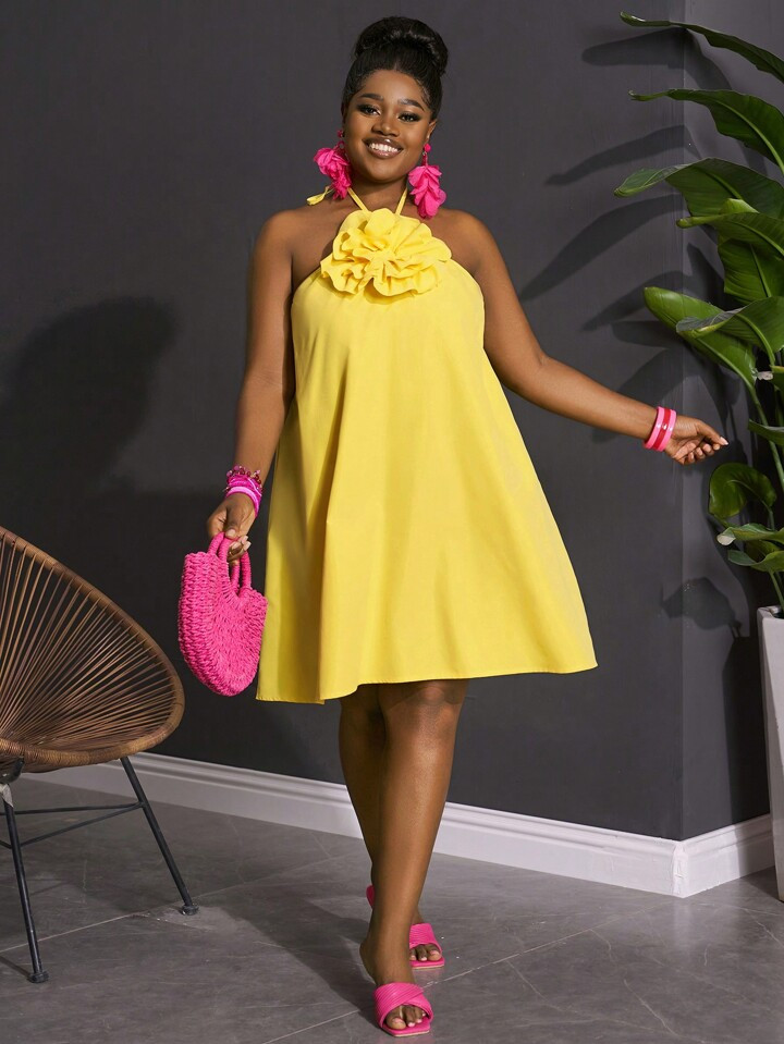 Slaydiva New 2025 Curve Plus Size Women's Romantic & Holiday Solid Color A-Line Ruffle Trim Bubbl... | SHEIN