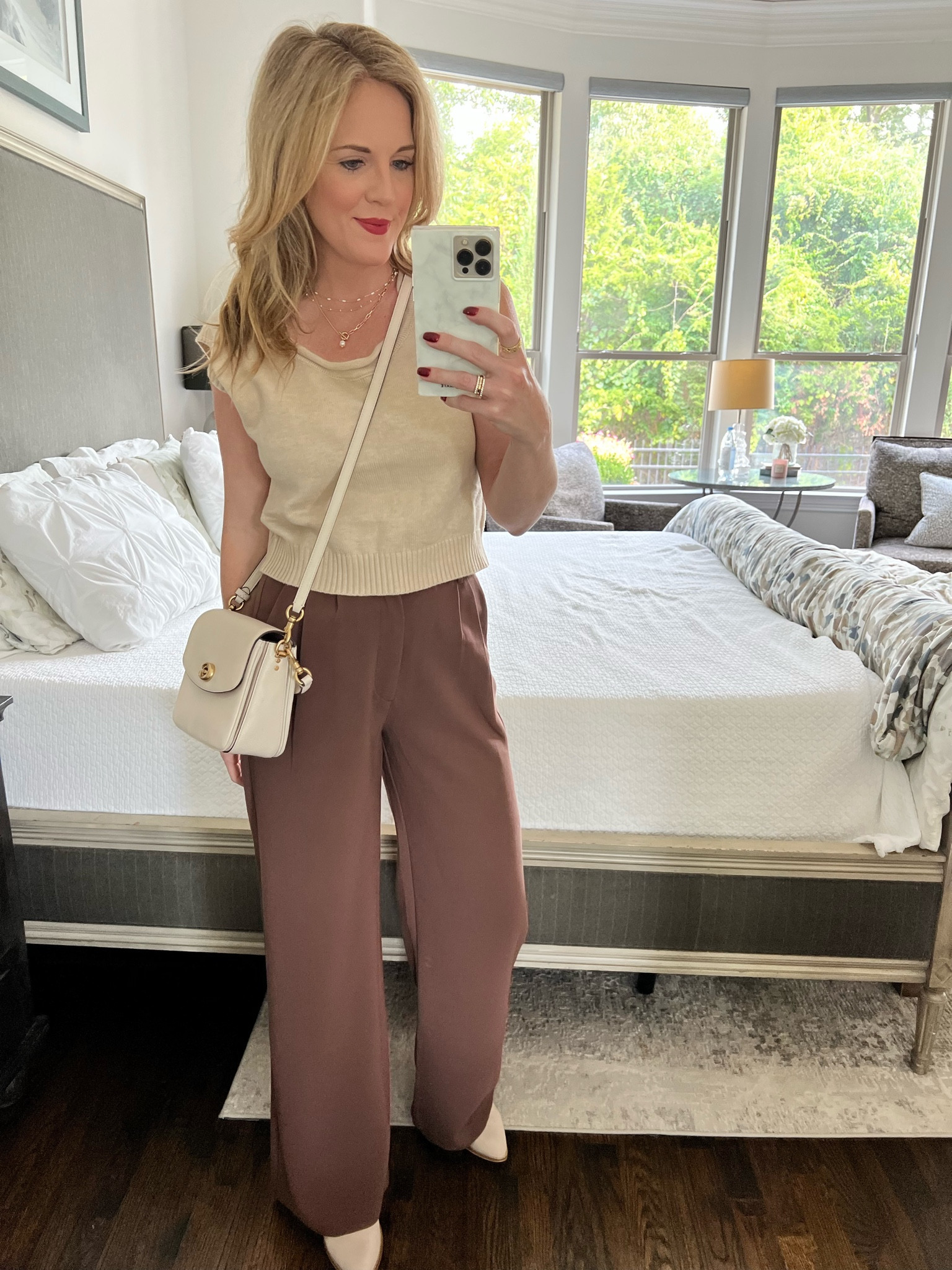 Neutral fall look 
Fall work look 
Neutral sweater tank 
Brown pants 
Work look 
Office look 
Abercrombie pants 
Wide leg pants 

#LTKsalealert #LTKworkwear #LTKSale