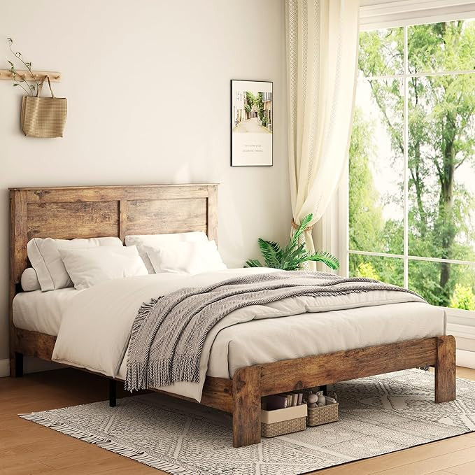 DWOYFO Wood Platform Bed Frame, Queen Size Bed Frame with Headboard and Wood Slat Support, Easy A... | Amazon (US)