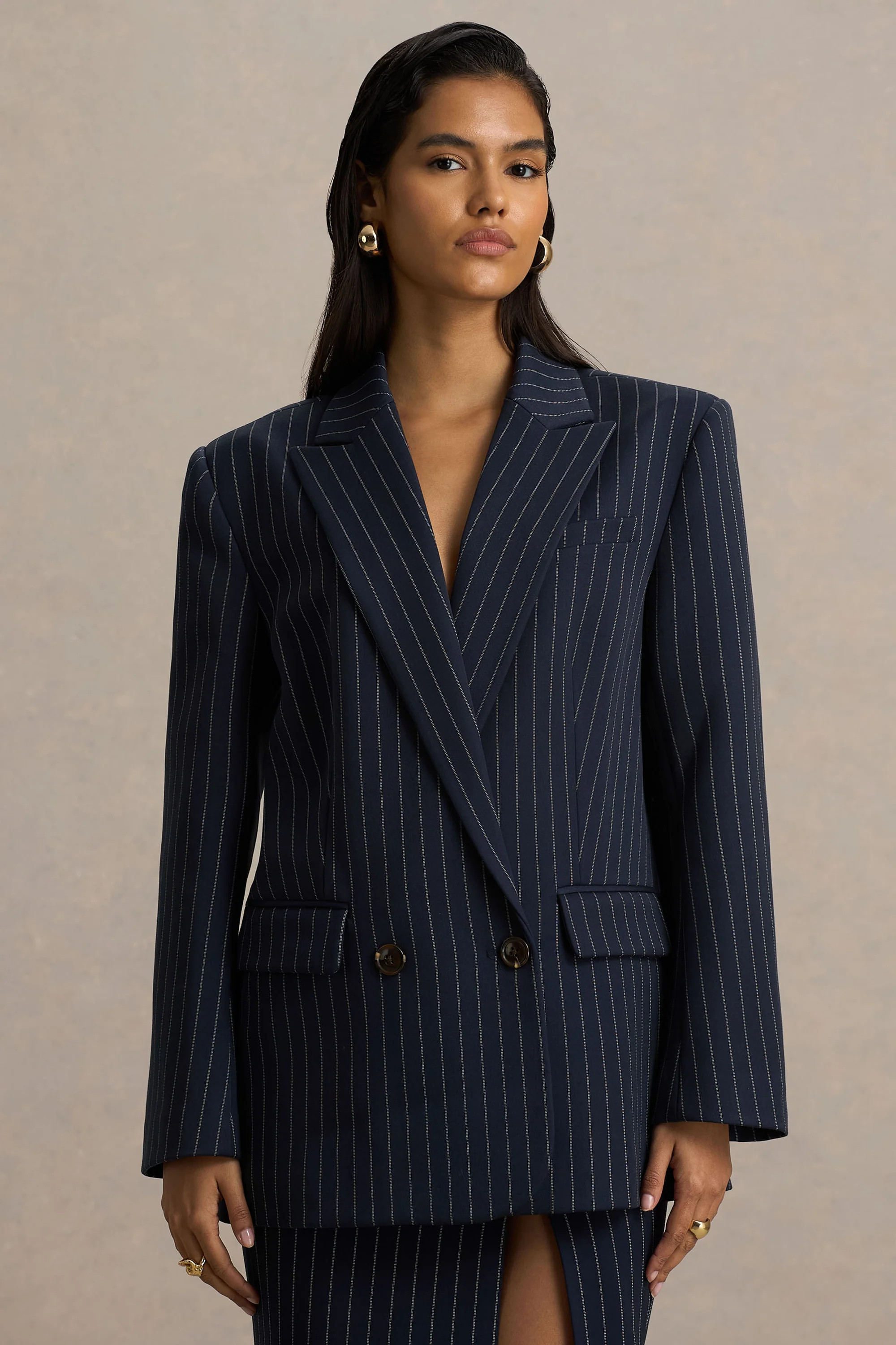 Alana | Navy Pinstripe Plunge-Neck Tailored Blazer | Club L London