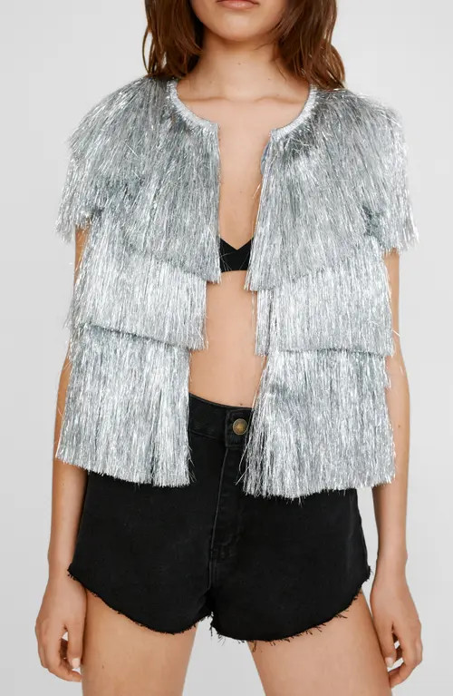 NASTY GAL Tiered Metallic Tinsel Jacket in Metallic Silver at Nordstrom, Size 0 | Nordstrom
