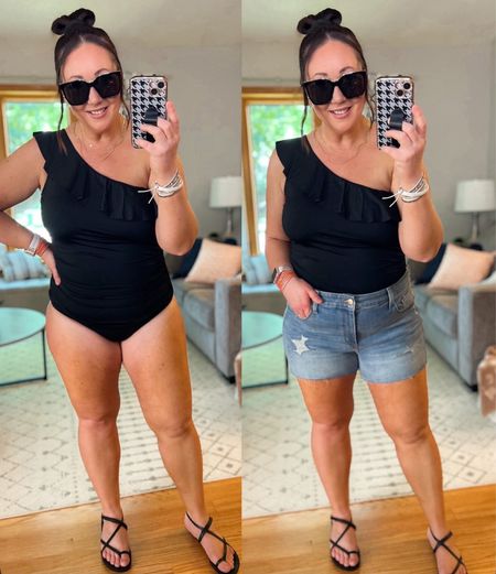 My favorite one shoulder swimsuit in black!  Size 16 in mine. This suit is always one of my most worn suits every summer!  Linked similar shorts. Size up in the sandals  

#LTKmidsize #LTKswim #LTKSeasonal