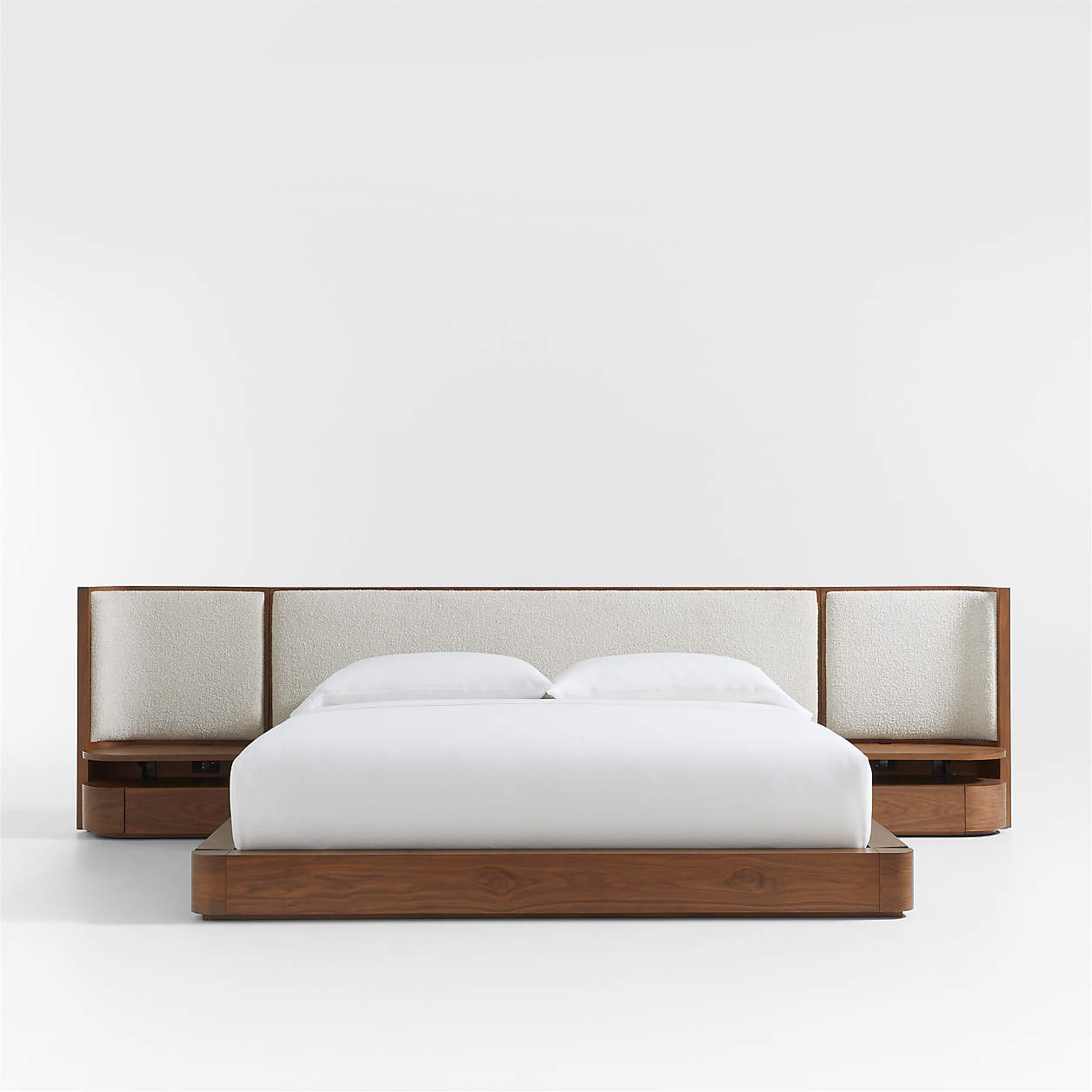 Milano Natural Walnut Wood Upholstered King Bed with Nightstands + Reviews | Crate & Barrel | Crate & Barrel