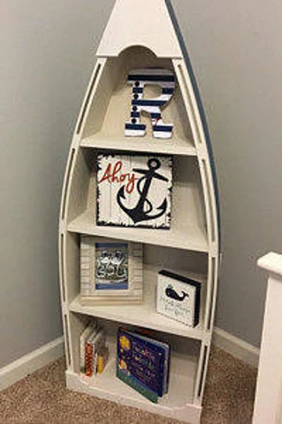 5 foot blue row Bookshelf Bookcase shelves skiff schooner canoe nautical Dorey kids room wooden boat | Etsy (US)