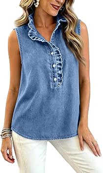 Denim Tank Top Women Ruffle V Neck Sleeveless Denim Shirt | Amazon (US)