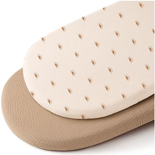 Konssy Muslin Bassinet Sheets for Baby Girl Boy, 2 Pack Soft Breathable Baby Bassinet Mattress Sheets Fit for Hourglass Oval Cradle, Moses Basket Rectangle Mattress (Camel, Sun) | Amazon (US)