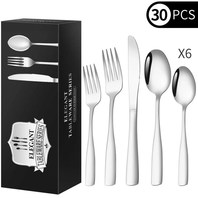 30 Piece Silverware Set for 6, TINANA Stainless Steel Flatware Set,Mirror Polished Cutlery Utensi... | Walmart (US)