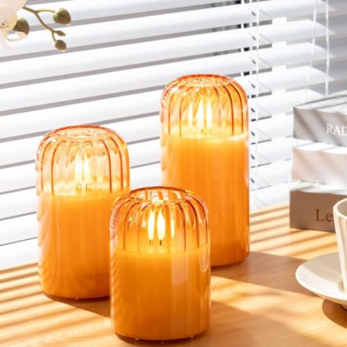 luzzup Orange Flameless Candles, Battery Candles Glass Candles with Remote, Timer, Warm Light, Lasting 350 Hrs, Set of 3 Outdoor Candle for Romantic Home Room Patio Decor, Φ 3" H 4" 5" 6" | Amazon (US)