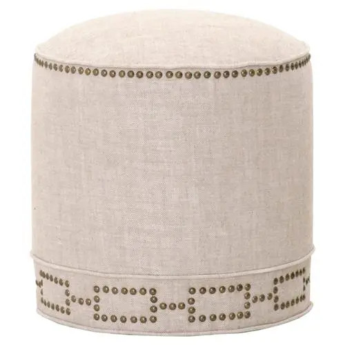 Mario Modern Classic Cream Linen Upholstered Gold Nailhead Trim Round Ottoman | Kathy Kuo Home