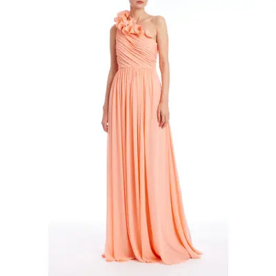 Badgley Mischka Collection Frill Pleated One-Shoulder Gown in Coral at Nordstrom, Size 6 | Nordstrom