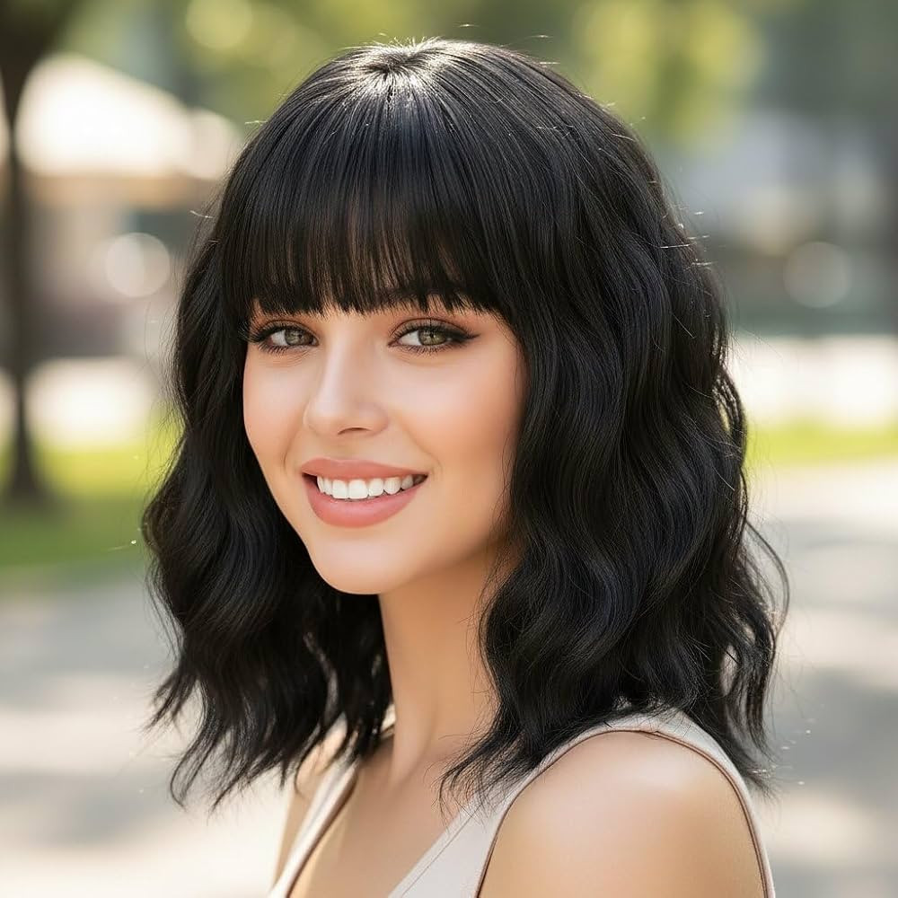 AGO Natural Black Wigs with Bangs Short Bob Wig Shoulder Length Synthetic Hair for Women Girl Loo... | Amazon (US)