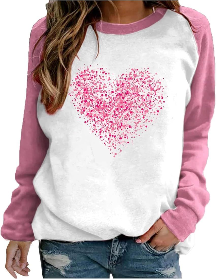 Valentines Day Long Sleeve Sweatshirts For Women 2024 Love Heart Graphic Pullover Tops Cute Crewn... | Amazon (US)