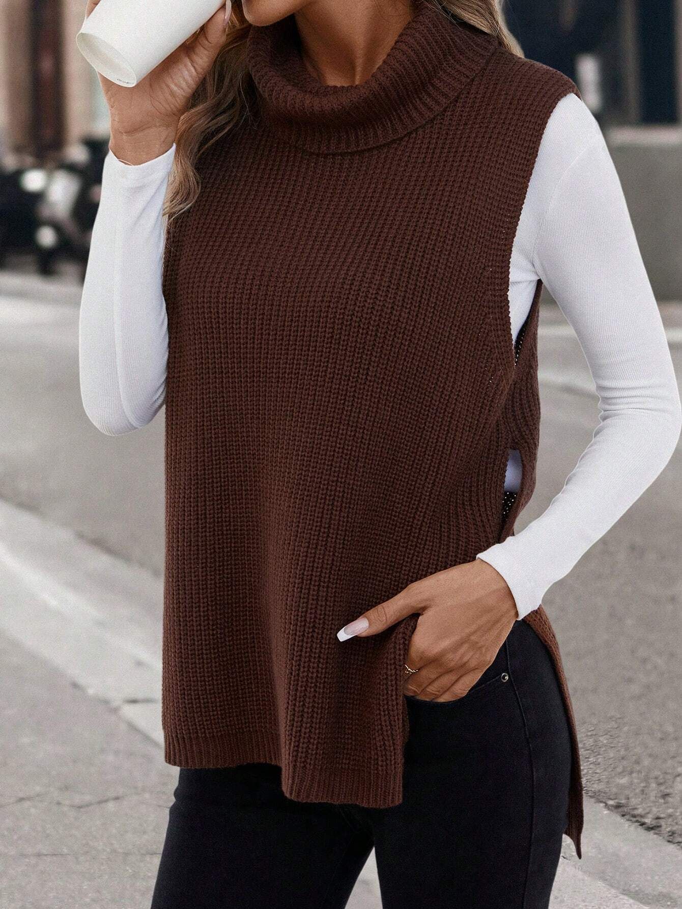 SHEIN LUNE Turtleneck Split Hem Sweater Vest Without Tee | SHEIN